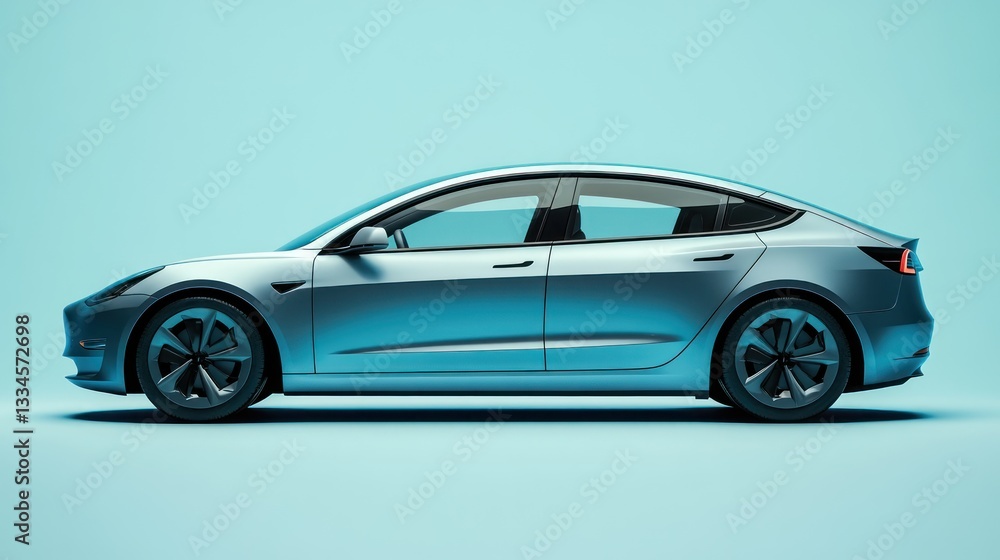 Fototapeta premium A side profile of a sleek electric car on a solid-colored background with ample negative space.