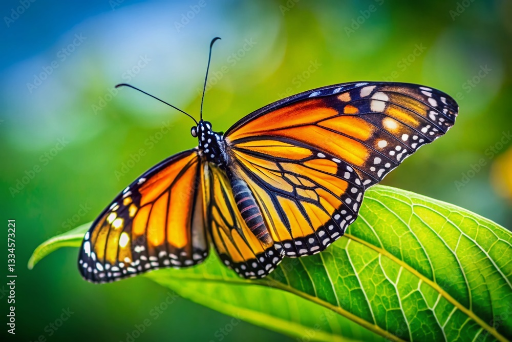 Monarch Butterfly Close-up on Green Leaf - Nature Stock Photo Monarch Butterfly Close-up on Green Leaf - Nature Stock Photo