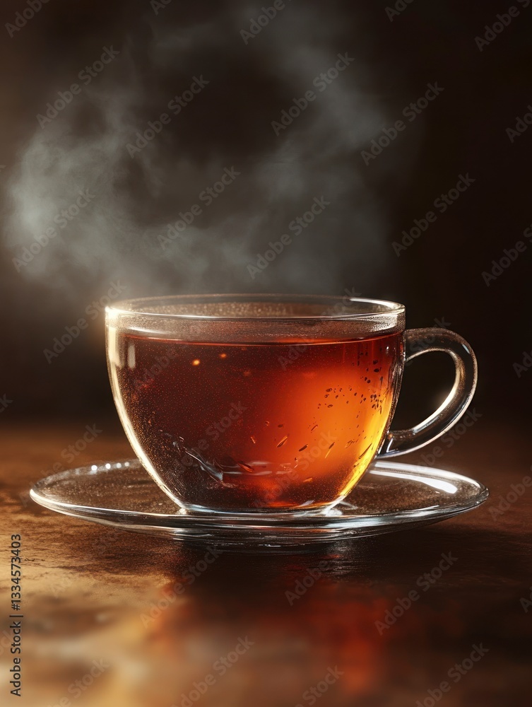Steaming Cup of Black Tea on Saucer Creates Warm and Relaxing Mood Steaming Cup of Black Tea on Saucer Creates Warm and Relaxing Mood