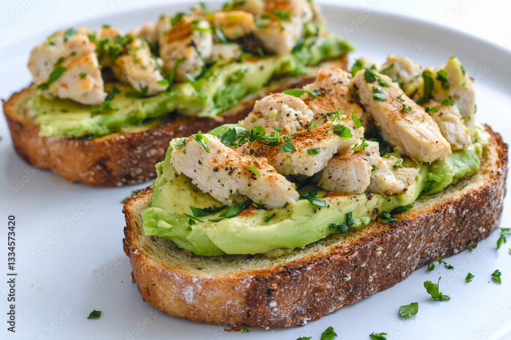 Delicious chicken and avocado toast served on whole grain bread in a cozy cafe setting during brunch hours Delicious chicken and avocado toast served on whole grain bread in a cozy cafe setting during brunch hours