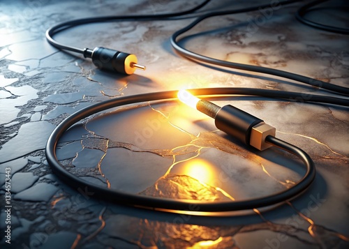 Monochrome Abstract: Floating Objects & Sunlit Cable on Marble