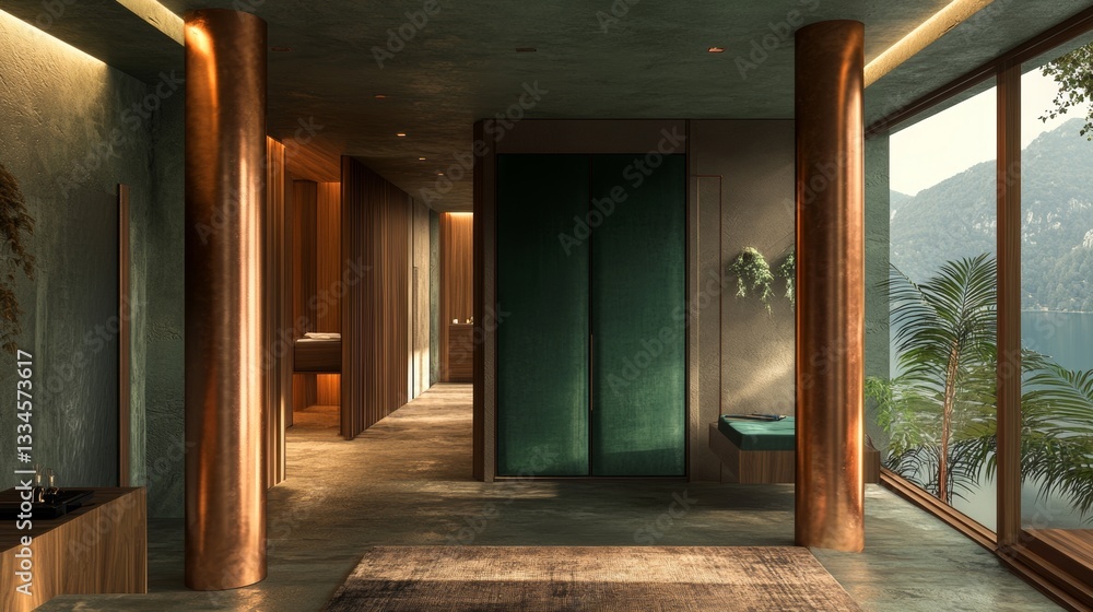 Obraz premium Luxurious Spacious Hallway with Wardrobe and Copper Pillar in Warm and Cosy Suite with Dark Green Tones and Velvet Accents