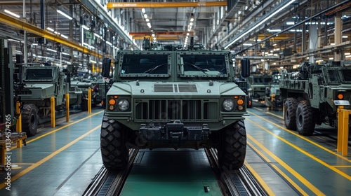 Military vehicles lined up in an assembly factory showcasing modern defense manufacturing processes