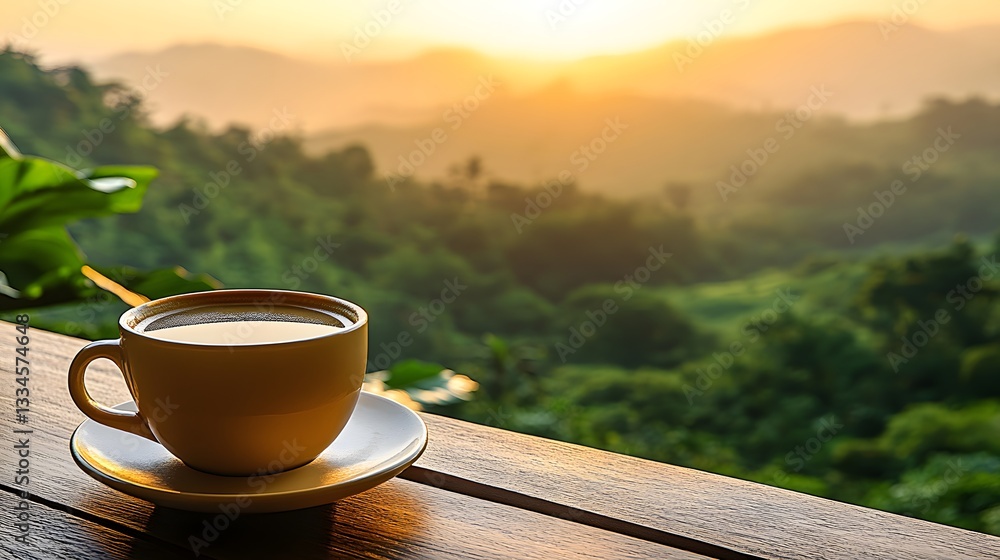 Cup of Coffee on Wooden Table in Sunrise Over Countryside Landscape Cup of Coffee on Wooden Table in Sunrise Over Countryside Landscape