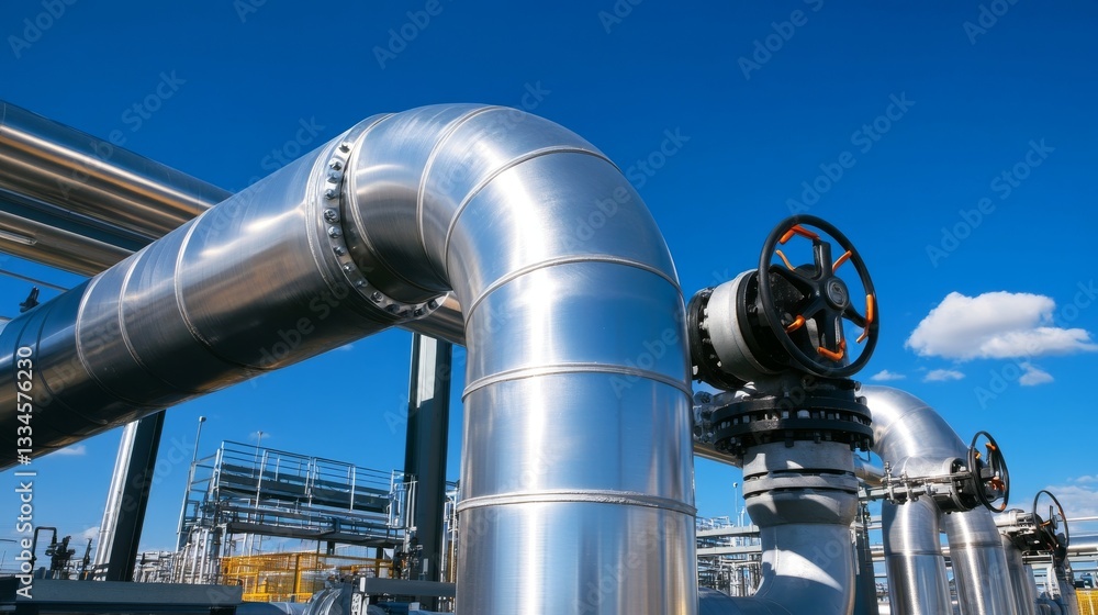 Industrial steel pipelines and valves stretch across an industrial zone against a bright blue sky. Industrial steel pipelines and valves stretch across an industrial zone against a bright blue sky.