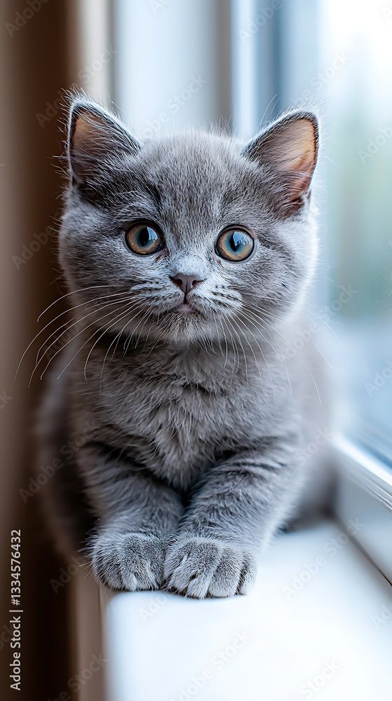 Fototapeta premium A small gray kitten sitting patiently on a window sill