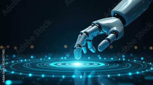 Robot Hand Interacting with Digital Interface.