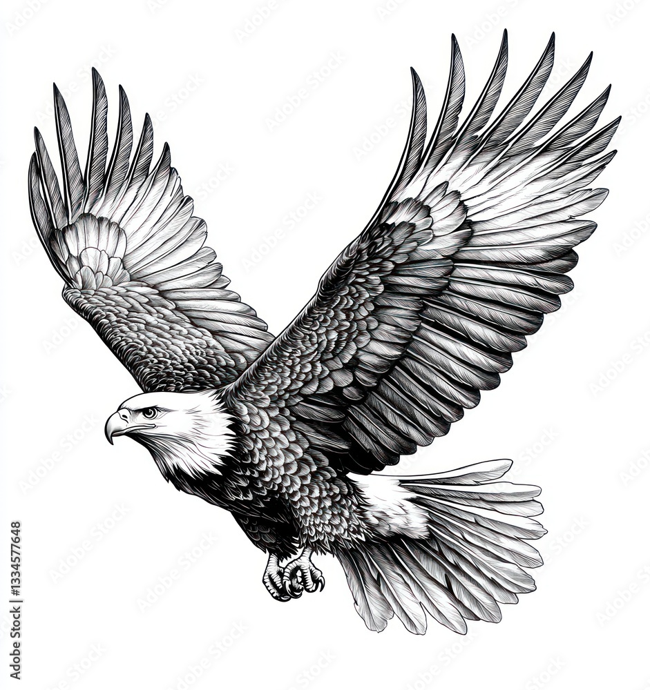 Fototapeta premium Soaring Bald Eagle, monochrome sketch, white background, design element.