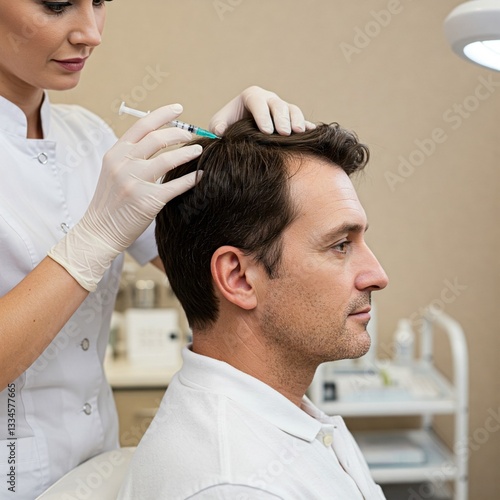 Side view of handsome middle aged man getting hair treatment at beauty salon. Man having mesotherapy session at aesthetic clinic, therapist hands in gloves making injection in scalp, closeup