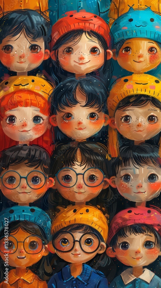 Obraz premium Delightful arrangement of cute children in colorful hats with cheerful expressions and different hair colors creates a joyful composition