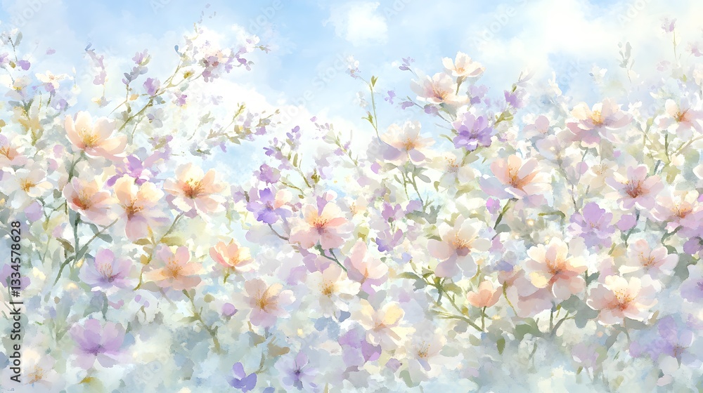 A Delicate Watercolor Painting of Flowers and Sky A Delicate Watercolor Painting of Flowers and Sky