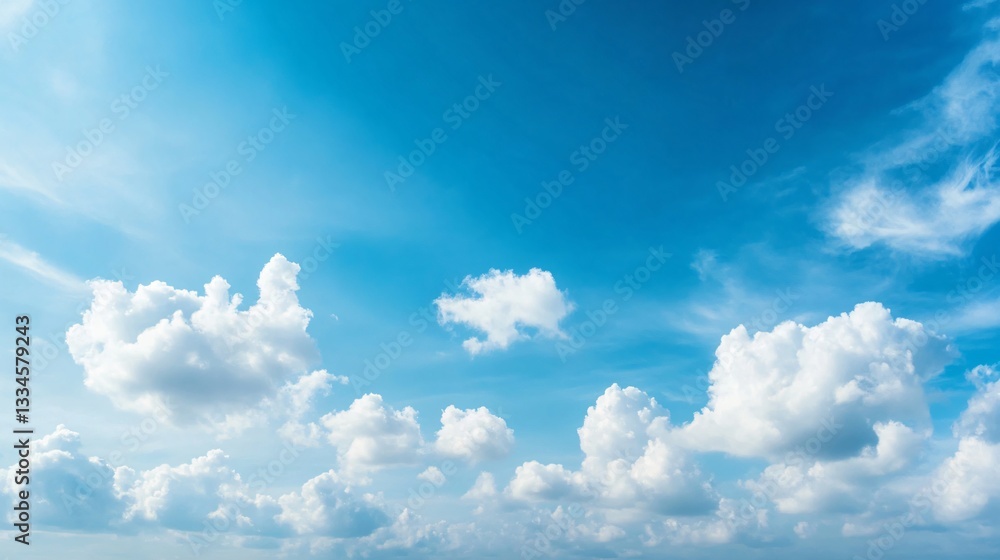 Obraz premium Bright blue sky with fluffy white clouds, serene atmosphere, perfect for relaxation or outdoor activities, ample copy-space for text.