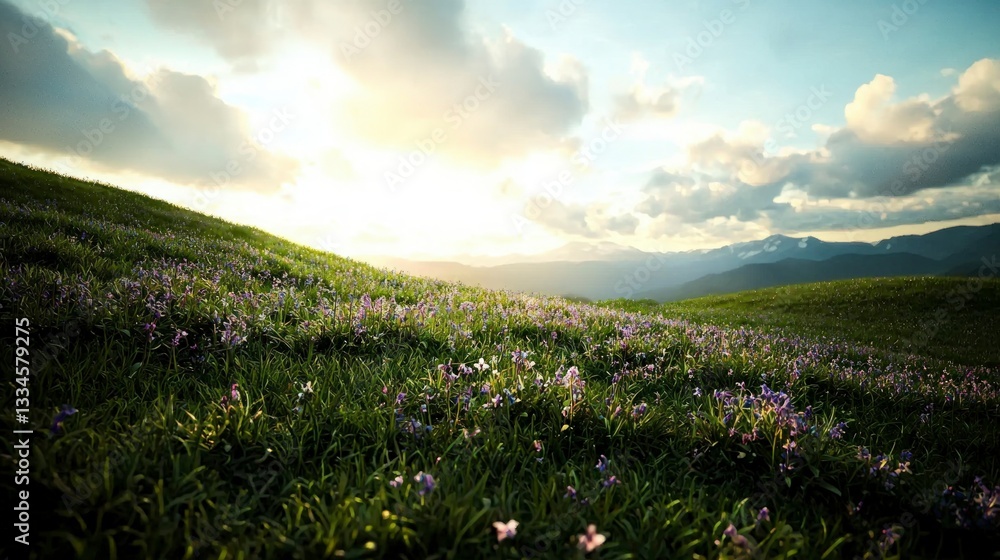 Obraz premium Serene Spring Meadow Blooming Bluebells Mountain Vista Sunset Sky