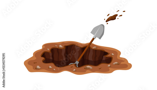 A shovel is lodged deep in the soil, representing hard work, digging tasks, and overcoming challenges.