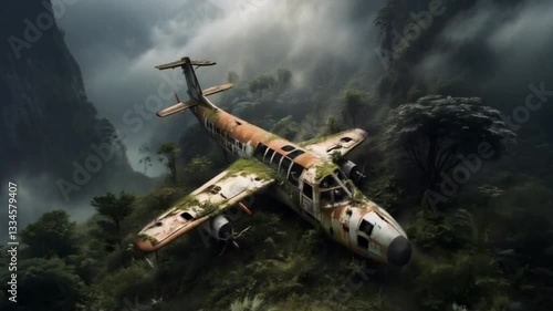 A rusted, abandoned plane lies deep in a misty jungle, overtaken by nature. Lush greenery surrounds the wreckage, creating a mysterious, forgotten atmosphere in the heart of the wild.