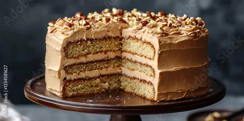 Fototapeta Delicious hazelnut cake, layered and frosted, a slice removed, showcasing its texture and creamy filling. Perfect for food blogs, magazines, and dessert menus.