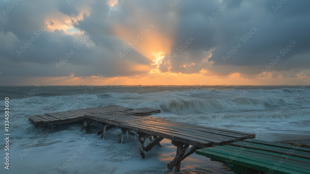 Dramatic Sunset Over Stormy Sea with Weathered Wooden Pier Dramatic Sunset Over Stormy Sea with Weathered Wooden Pier