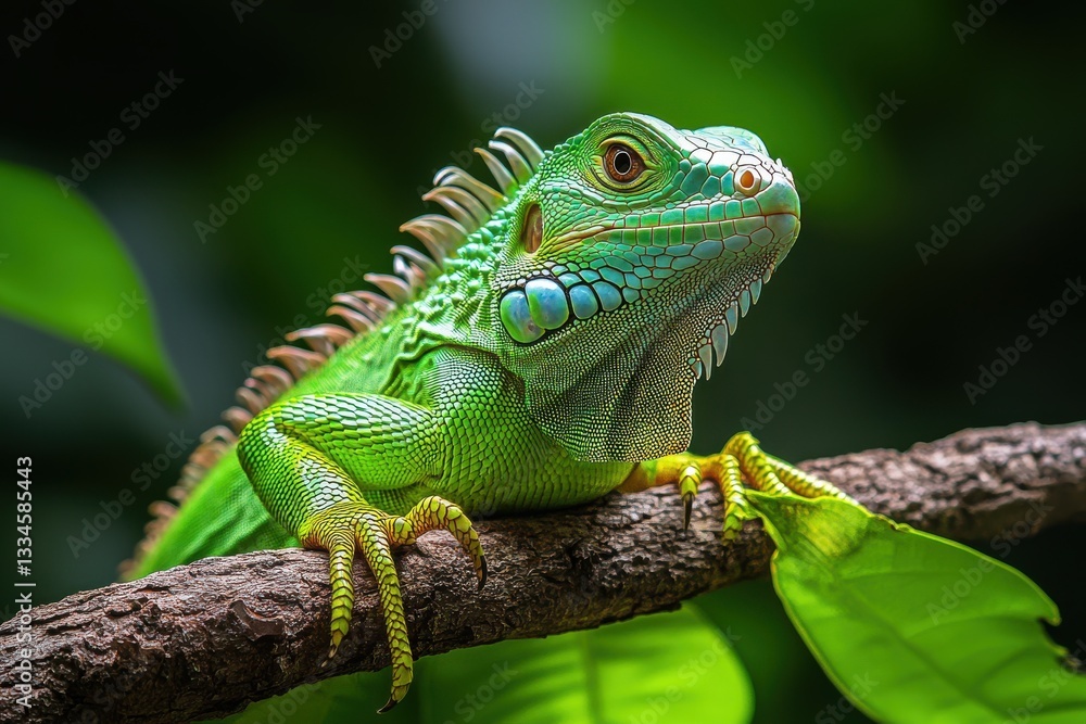 Green Iguana on Branch in Lush Green Nature Green Iguana on Branch in Lush Green Nature