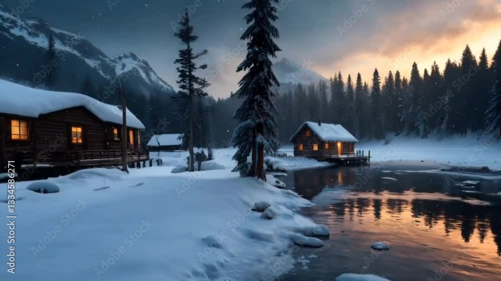 A cozy wooden cabin glows warmly by a frozen river, surrounded by snow-covered trees and mountains. The sunset reflects on the icy water, creating a serene, winter wonderland atmosphere. A cozy wooden cabin glows warmly by a frozen river, surrounded by snow-covered trees and mountains. The sunset reflects on the icy water, creating a serene, winter wonderland atmosphere.
