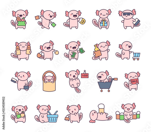 Axolotl shopping set with adorable characters holding bags, carts, bottle, money, gift, and other items in funny and cheerful poses for your creative cartoon illustrations