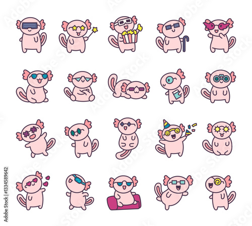 Adorable axolotl glasses set featuring various emotions, fun accessories, and charming poses in a cute cartoon style for your creative character designs and artistic illustrations