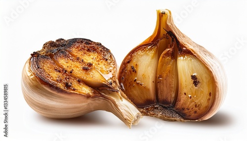 Roasted Garlic: Captivating shot of roasted garlic, displaying a rich golden brown exterior. The bulb is split to showcase the texture of the cloves, evoking culinary delight.