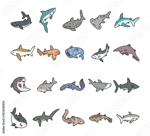 Adorable set of various shark species with different shapes, expressions, strong movements, and diverse poses, perfect for yours marine themed character designs and underwater illustrations