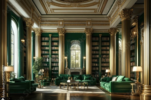 Luxurious Emerald Green Library in a Grand Mansion
