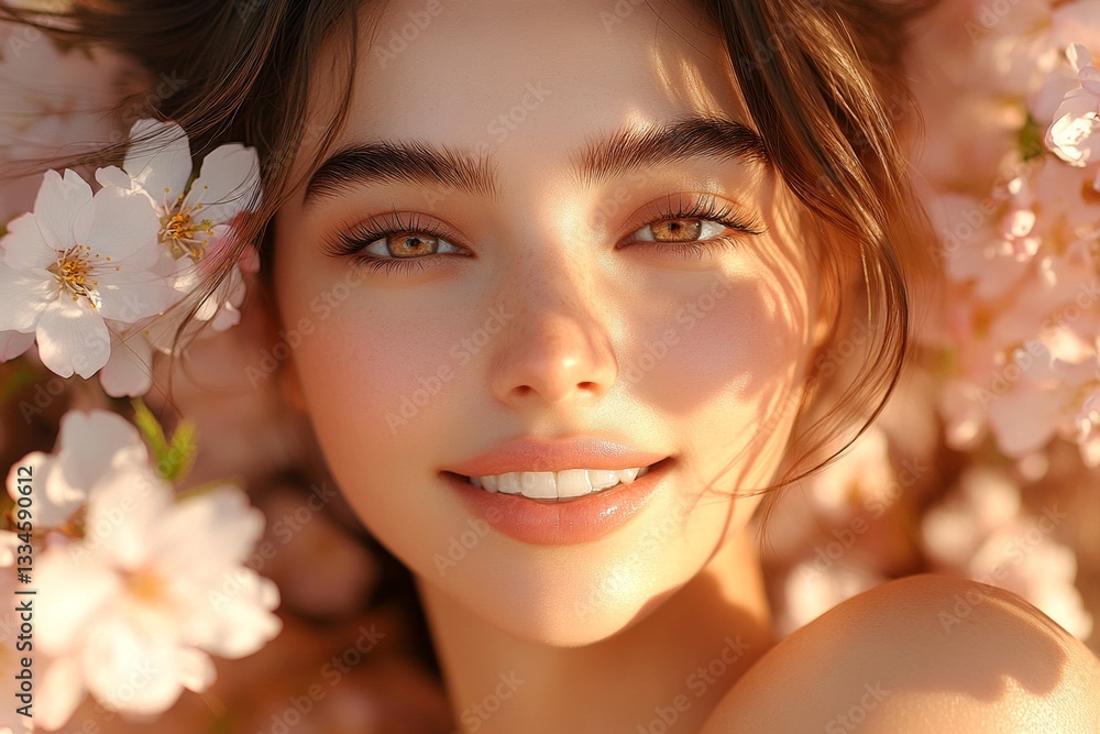 Commercial ad campaign visual idea. Spring mood, golden hour in sunset. Attractive caucasian young woman surrounded by cherry blossoms. Woman enjoying cherry blossoms aroma. Commercial ad campaign visual idea. Spring mood, golden hour in sunset. Attractive caucasian young woman surrounded by cherry blossoms. Woman enjoying cherry blossoms aroma.