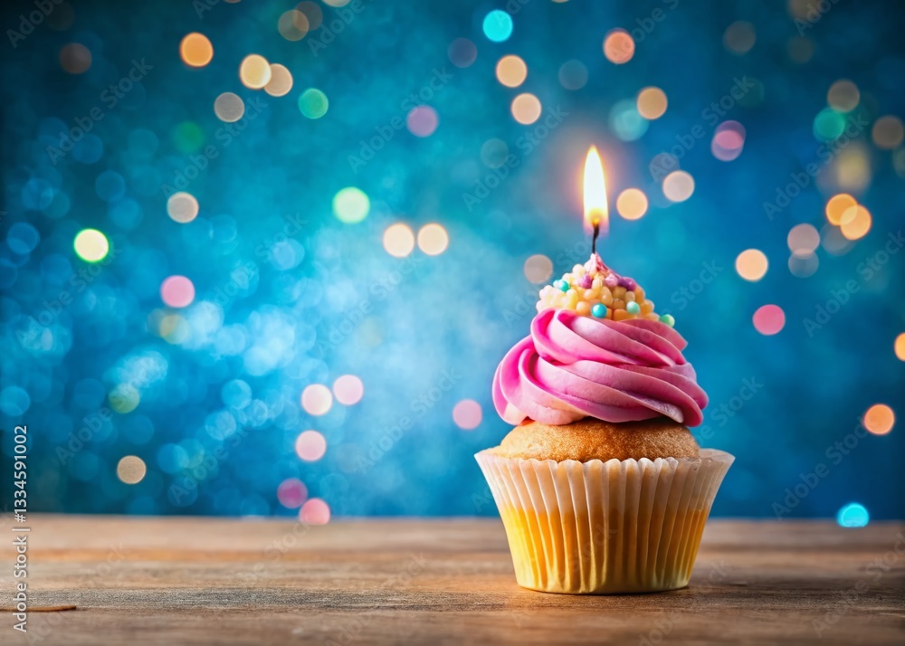 Panoramic Birthday Cupcake with Lit Candle Number Two - Second Anniversary Celebration Panoramic Birthday Cupcake with Lit Candle Number Two - Second Anniversary Celebration