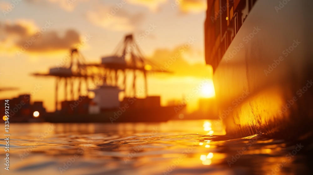 Obraz premium Cargo ship silhouette at sunset, vibrant colors reflecting on water, dramatic skyline with industrial structures, serene atmosphere.