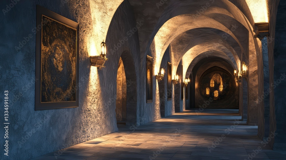 Fototapeta premium Mysterious Medieval Corridor Illuminated Stone Passageway with Art