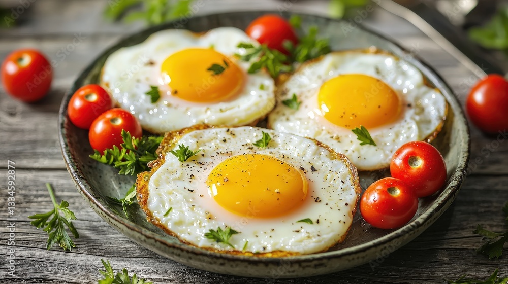 A delicious plate featuring three fried eggs garnished with herbs and surrounded by fresh cherry tomatoes on a rustic wooden table. A delicious plate featuring three fried eggs garnished with herbs and surrounded by fresh cherry tomatoes on a rustic wooden table.