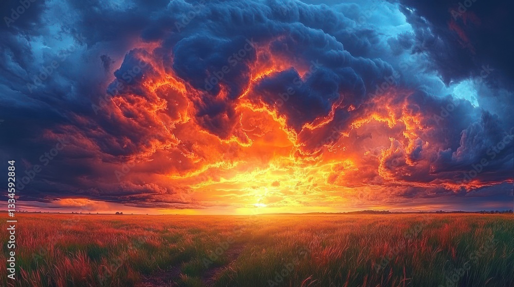 Dramatic Stormy Sky Over Expansive Field with Fiery Sunset Colors Dramatic Stormy Sky Over Expansive Field with Fiery Sunset Colors