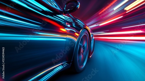 Sleek sports car in motion, dynamic light trails creating a vibrant backdrop, showcasing speed and modern design.