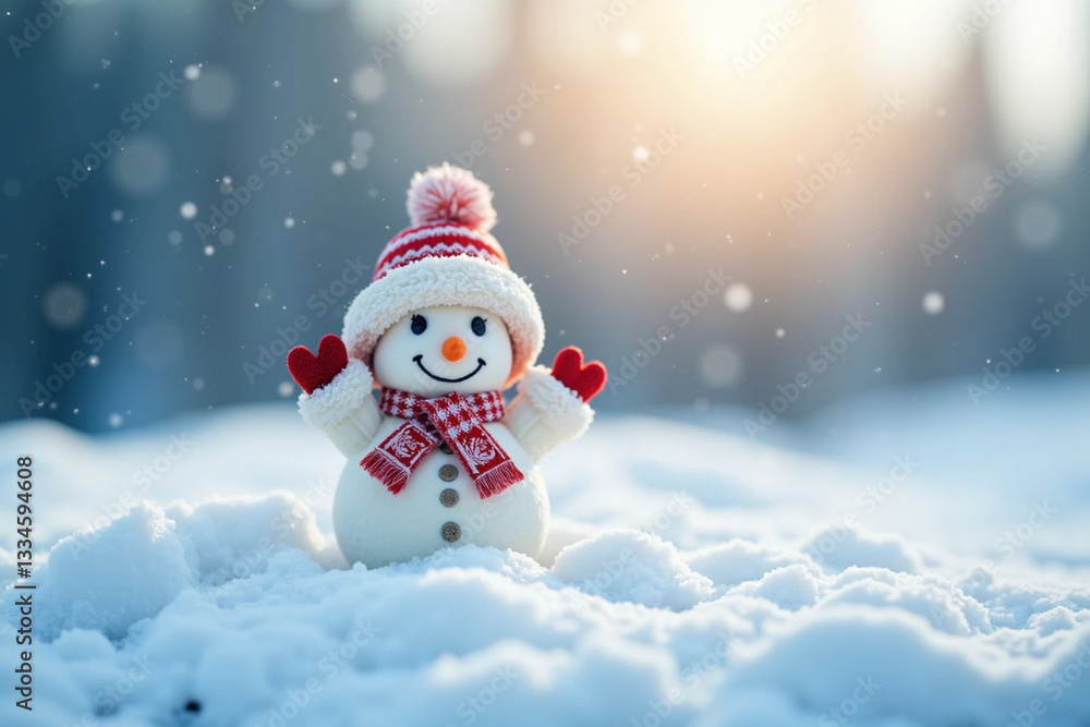 Obraz premium Panoramic View of a Happy Snowman in Winter Scenery – Festive Seasonal Background with Copy Space 