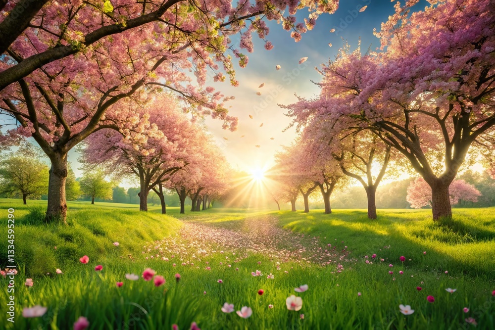 Panoramic Spring Blossom Shower: Pink & White Petals Falling on Lush Green Meadow Panoramic Spring Blossom Shower: Pink & White Petals Falling on Lush Green Meadow