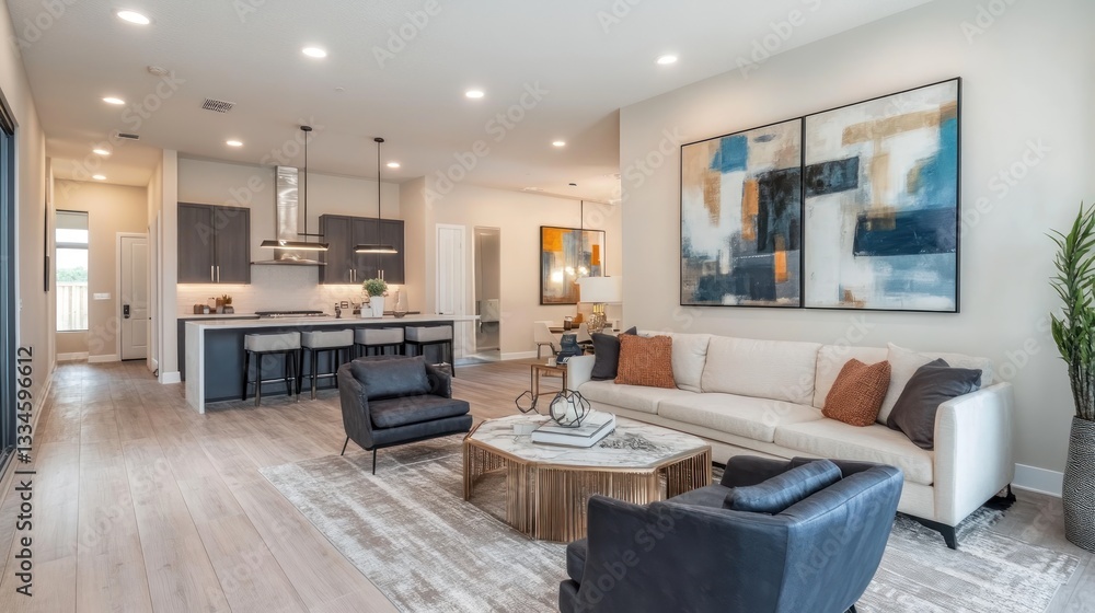 Fototapeta premium A trendy living area with an open design, warm recessed lighting, and statement abstract artwork.