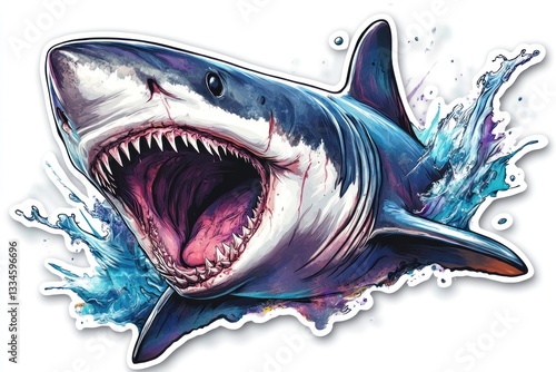 Shark with open mouth splashing in water for use as sticker