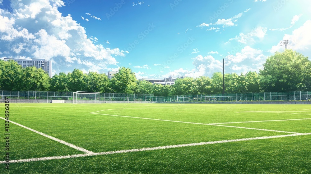 Obraz premium A vast, empty soccer field with freshly cut grass, white boundary lines, and goalposts under a clear sky.