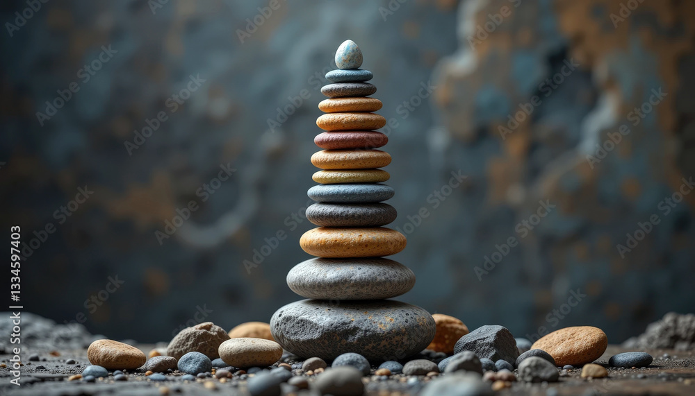 Obraz premium balanced stack of colorful stones on textured surface, evoking calm and harmony in natural setting