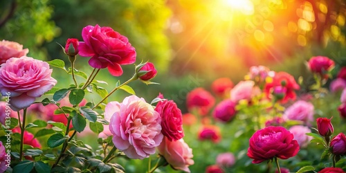 Wallpaper Mural Panoramic Spring Rose Garden: Blooming Pink and Red Roses in Full Sunlight Torontodigital.ca
