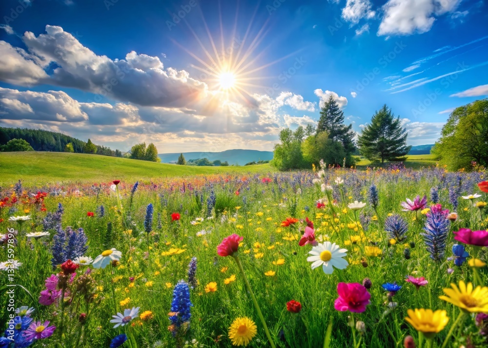 Panoramic Springtime Meadow: Blossoming Flowers & Fresh Air Panoramic Springtime Meadow: Blossoming Flowers & Fresh Air
