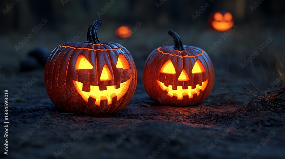 Lit Pumpkins Displayed During a Spooky Autumn Evening in the Woods Lit Pumpkins Displayed During a Spooky Autumn Evening in the Woods