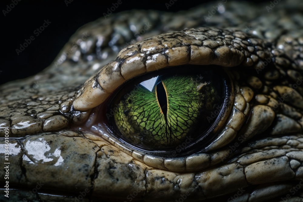 Fototapeta premium Detailed Close Up View of a Green Reptilian Eye with Scaly Skin Texture, Revealing the Intricate Beauty of Wildlife in Nature