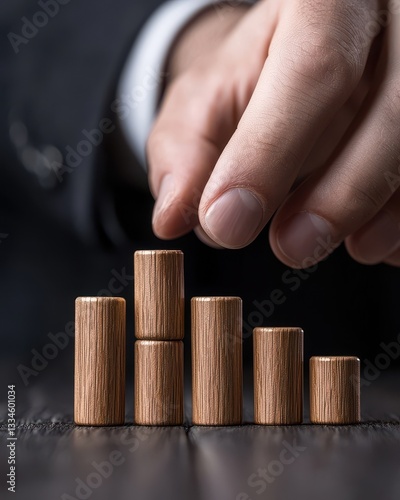 A business person arranging wooden blocks as a symbol of growth and progress.