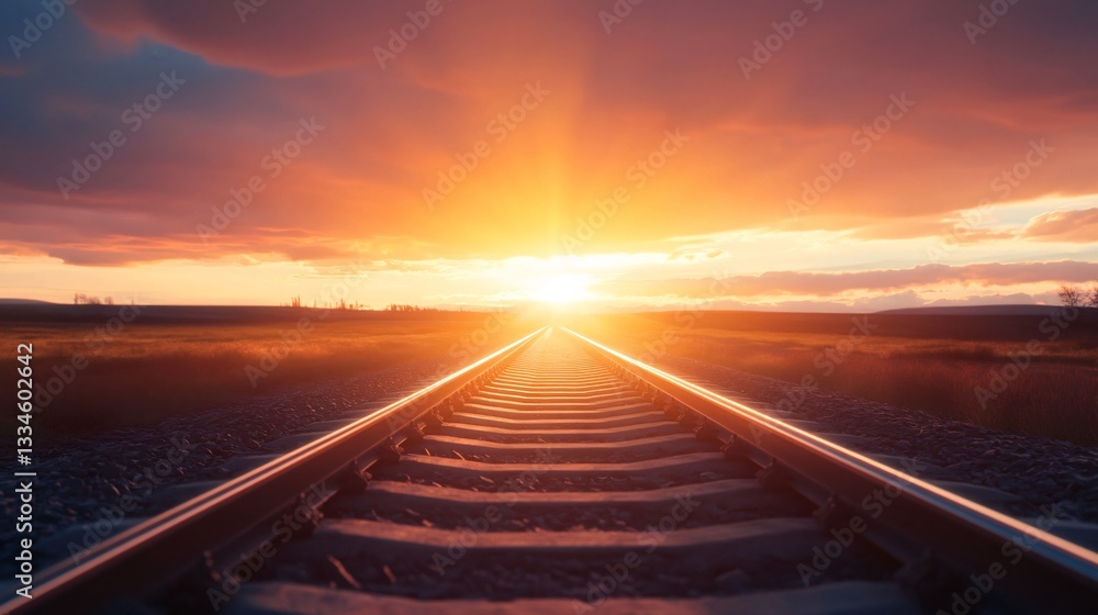 Sunset over railway tracks, vibrant colors filling the sky, serene landscape conveying peaceful journey and adventure opportunities. Sunset over railway tracks, vibrant colors filling the sky, serene landscape conveying peaceful journey and adventure opportunities.