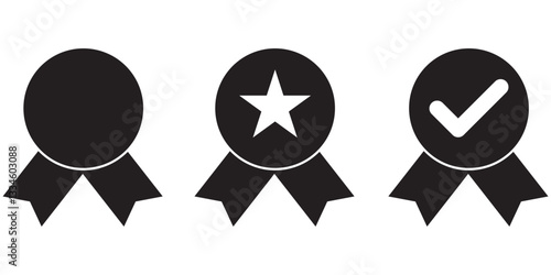 medal award icon, certificate badge with seal ribbon with check mark icons - certified prize icon checkmark symbol. 1176