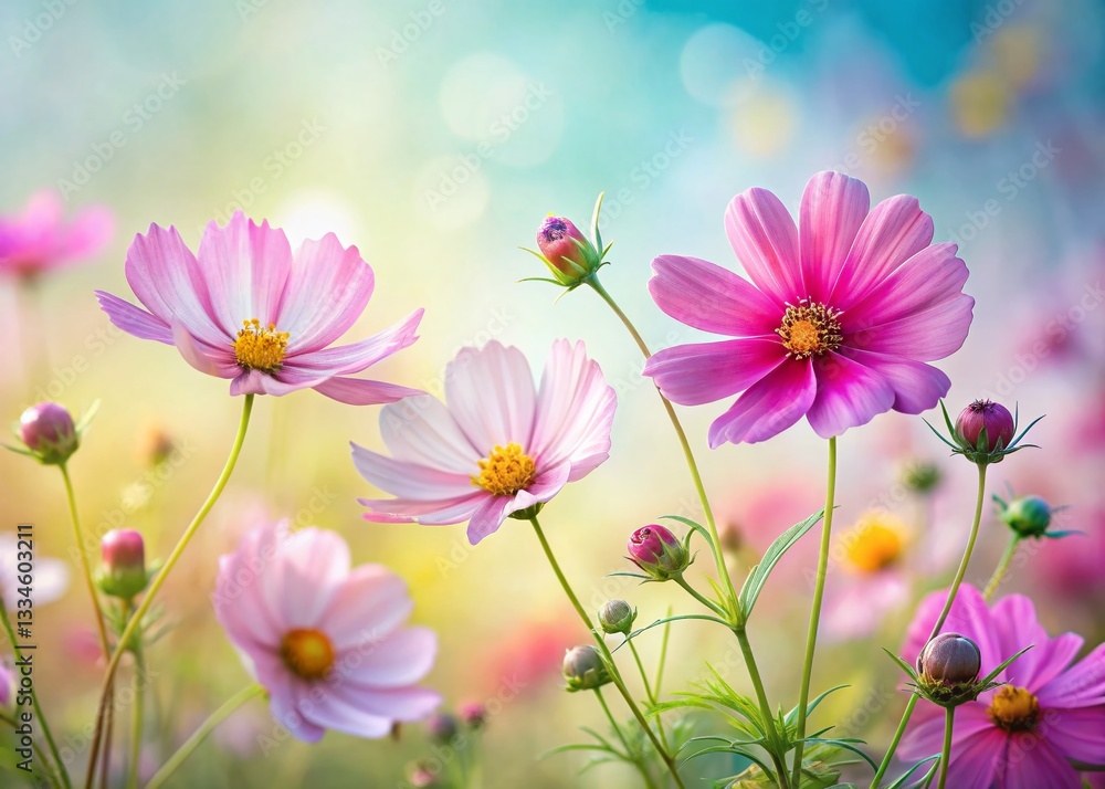 Pastel Cosmos Flowers Panoramic Photography - Beautiful Side View Bloom Pastel Cosmos Flowers Panoramic Photography - Beautiful Side View Bloom