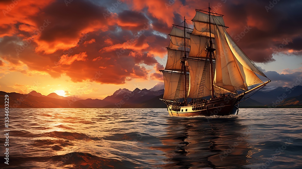Fototapeta premium Sunset Sail: A Majestic Sailing Ship at Golden Hour